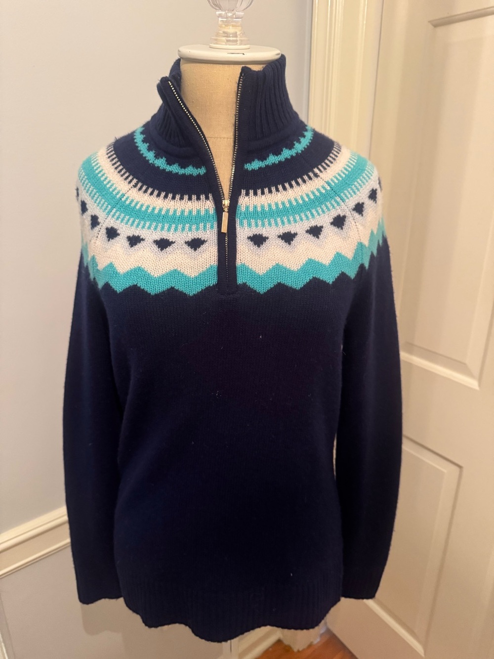 Vineyard Vines Navy Fair Isle Zip-Neck Sweater with Turquoise & White Yoke